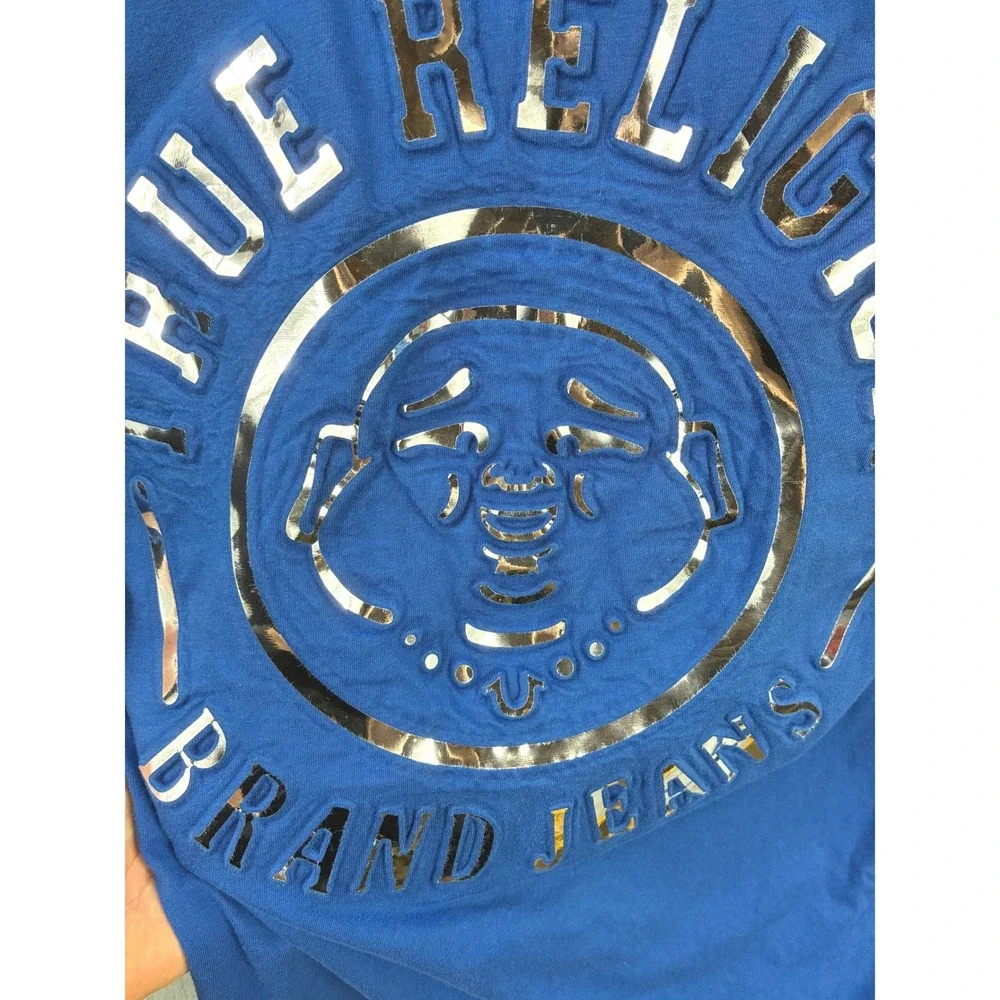 True Religion Buddha Logo Graphic T-Shirt Mens M Blue Crewneck Short Sleeve Tee
